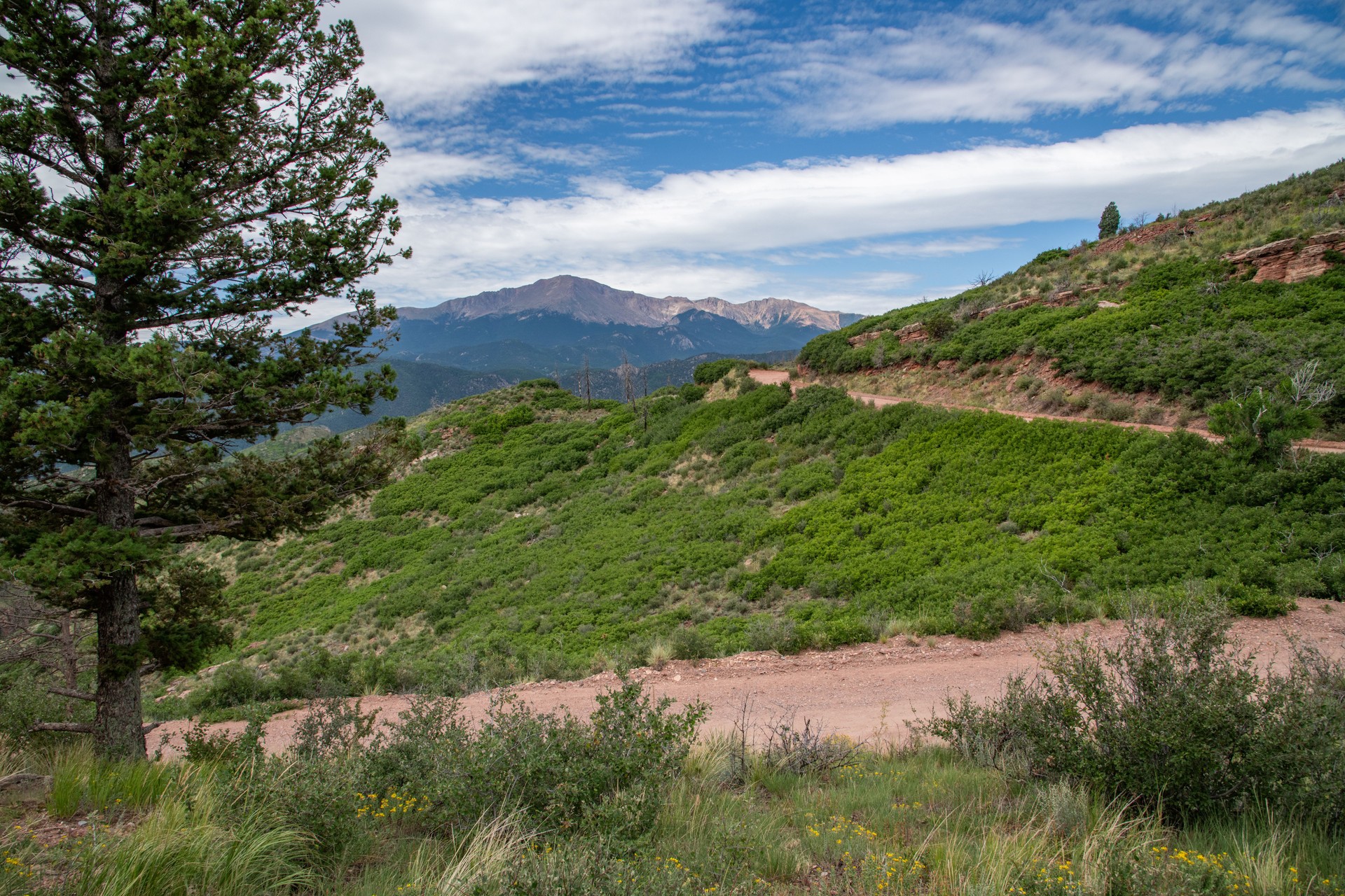 Pikes Peak summit from Rampart Range Road near Colorado Springs, Colorado, USA, North America