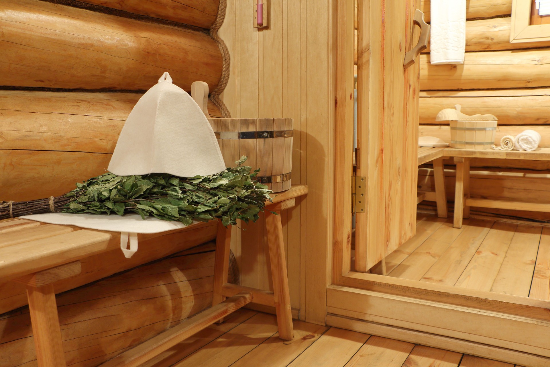 Interior of  sauna and bath accessories.