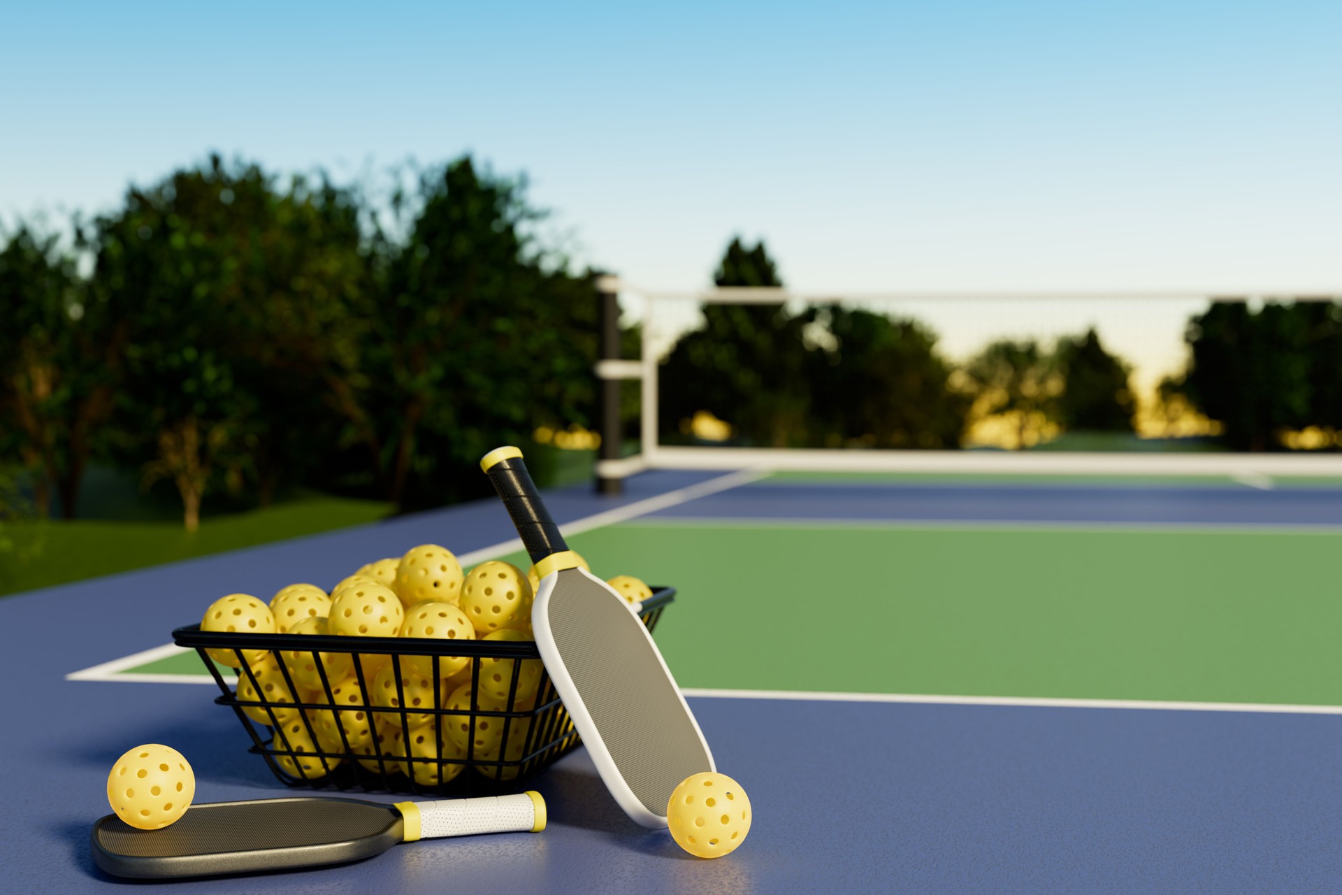 Pickleball rackets and balls in a basket on an outdoor court in a park. 3d rendering.